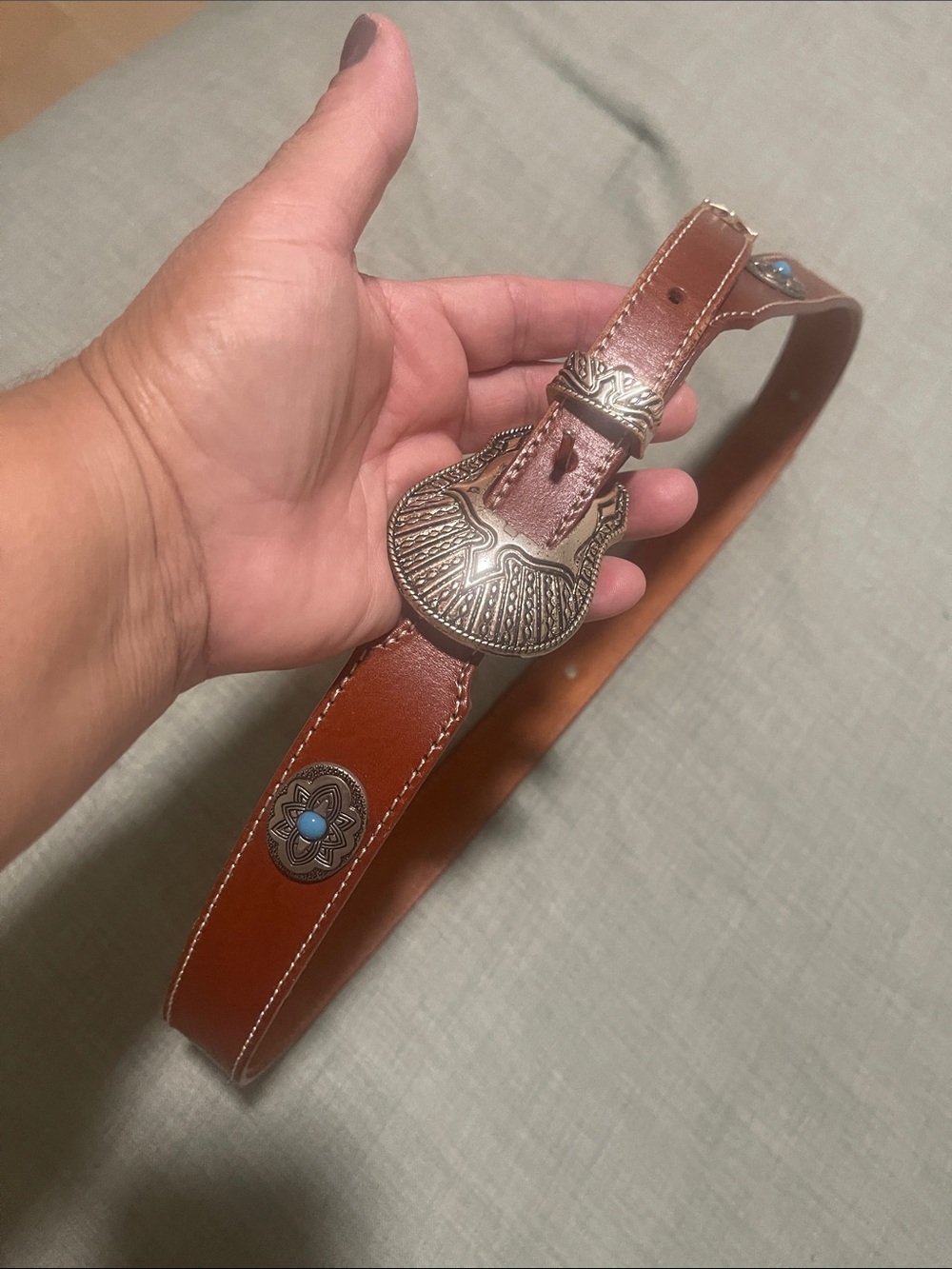 Brown Leather Western-Style Belt with Silver-Tone Conchos and Turquoise Accents